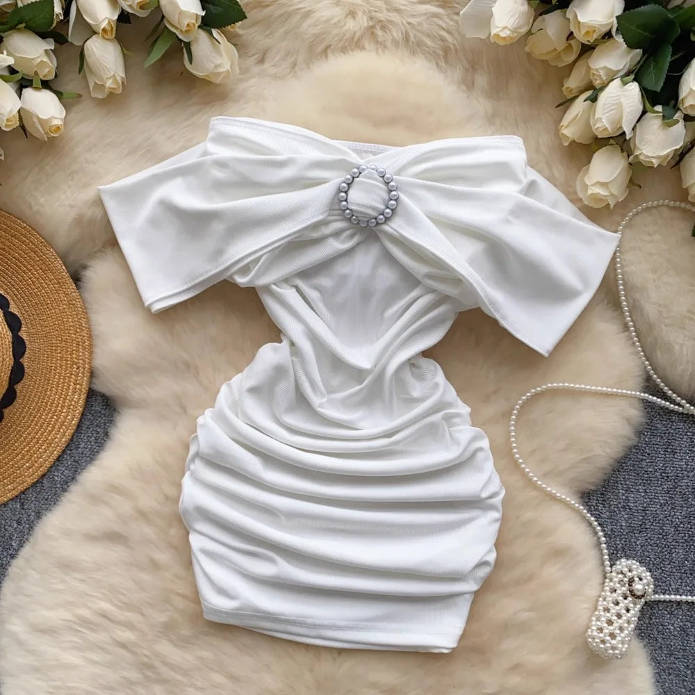 Foamlina Pearl Buckle Pleated Off Shoulder Tube White Short Dress