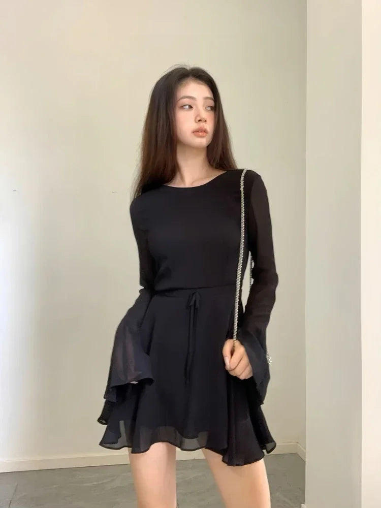 Black Dress Women Elegant Back Lace-up Long Sleeve Mesh