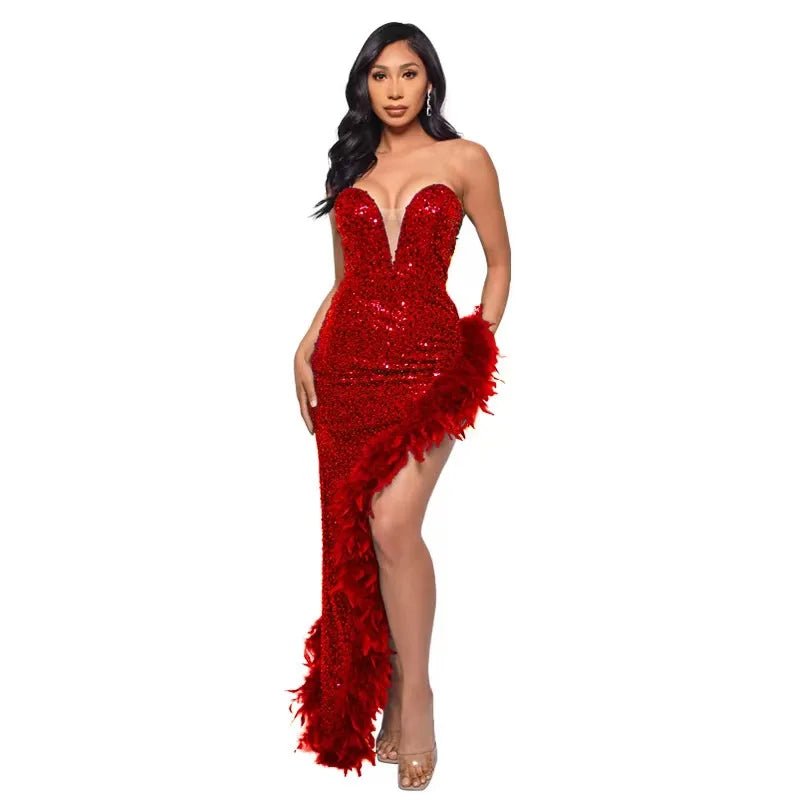 Shiny Sequins Feather Cocktail Party Evening Dress