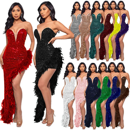 Shiny Sequins Feather Cocktail Party Evening Dress