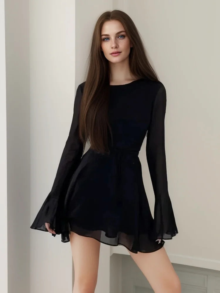 Black Dress Women Elegant Back Lace-up Long Sleeve Mesh