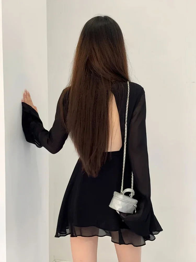 Black Dress Women Elegant Back Lace-up Long Sleeve Mesh