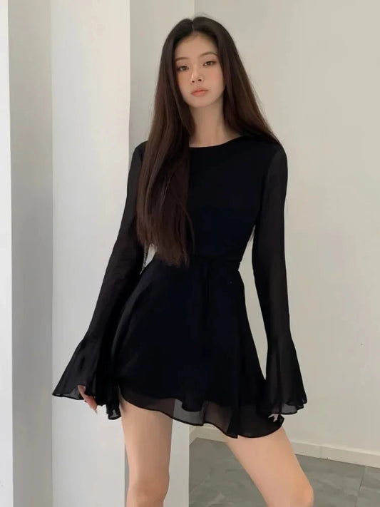 Black Dress Women Elegant Back Lace-up Long Sleeve Mesh