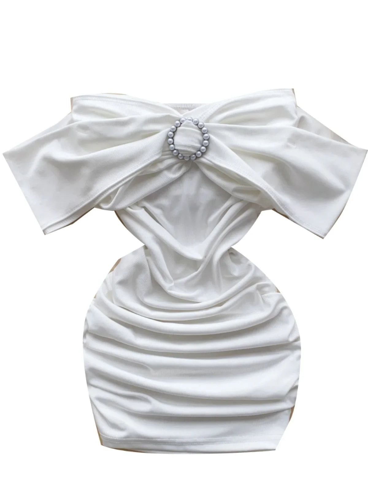 Foamlina Pearl Buckle Pleated Off Shoulder Tube White Short Dress