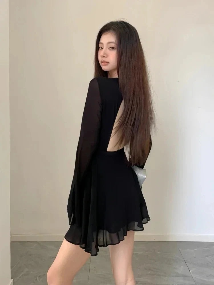 Black Dress Women Elegant Back Lace-up Long Sleeve Mesh