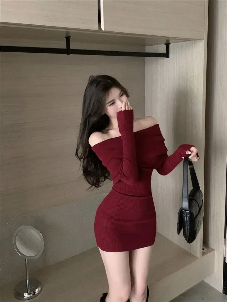 Off Shoulder Long Sleeve Sexy Sweater Dress