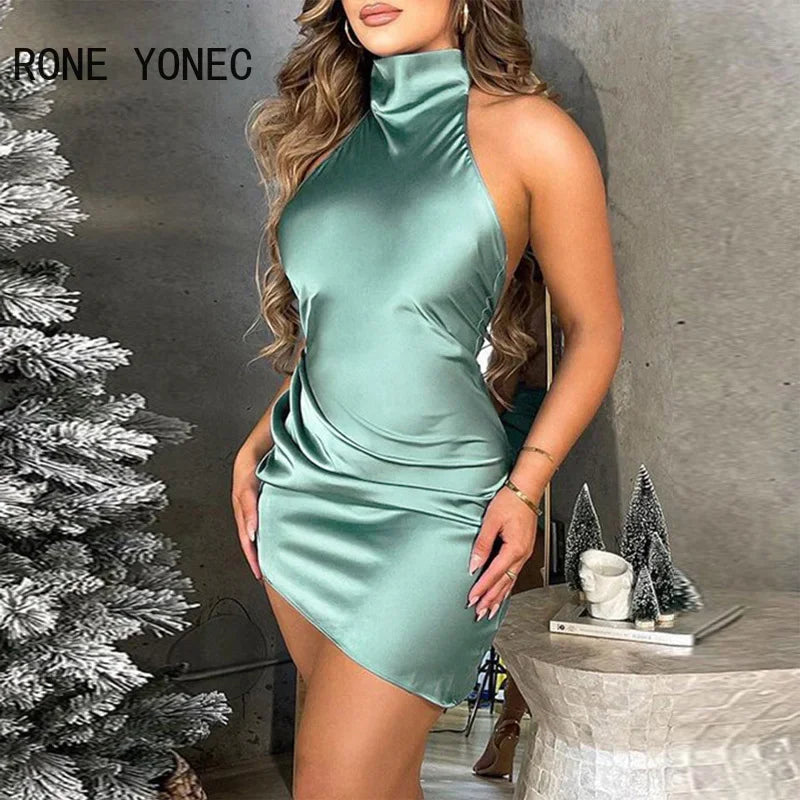 Satin Backless Turtleneck Mini  Dress