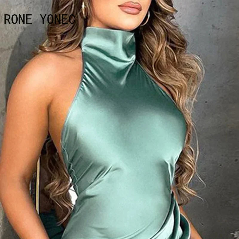 Satin Backless Turtleneck Mini  Dress