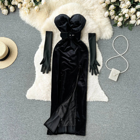 Foamlina Velvet Black  High Slit Dress  with Gloves