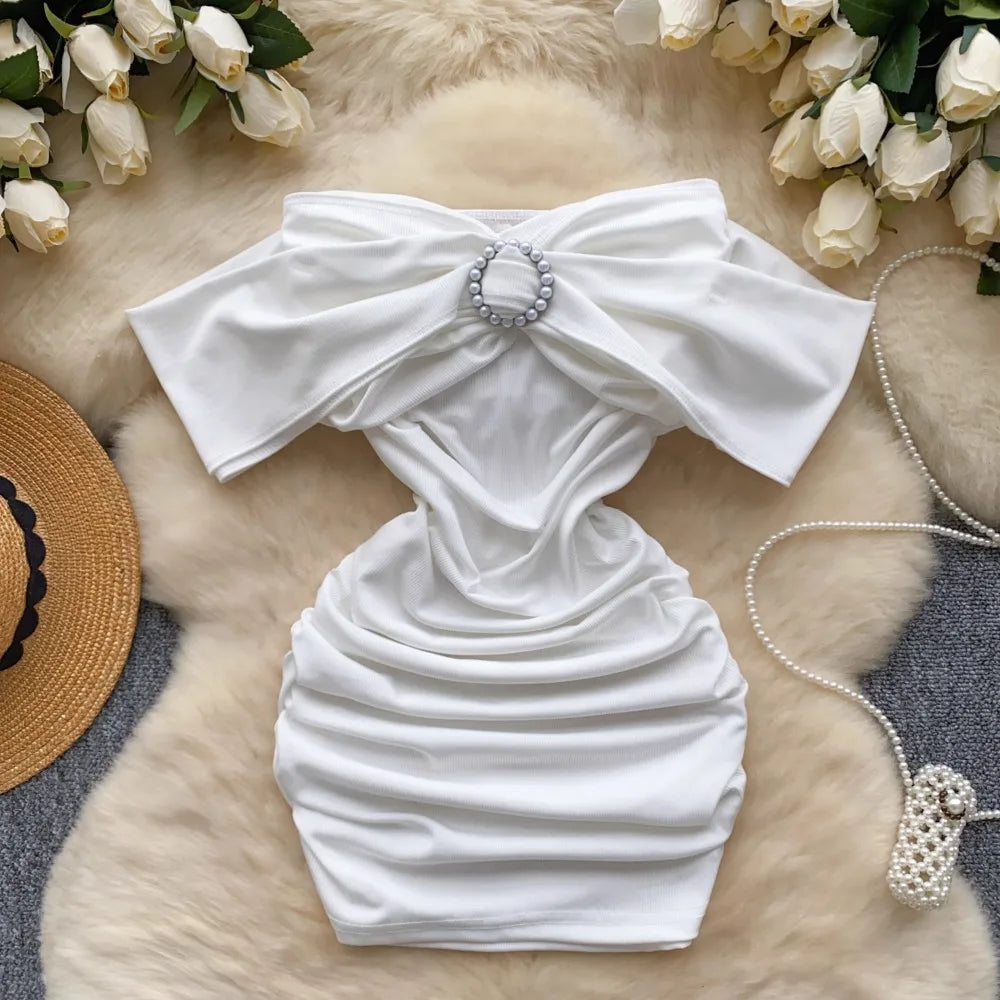 Foamlina Pearl Buckle Pleated Off Shoulder Tube White Short Dress