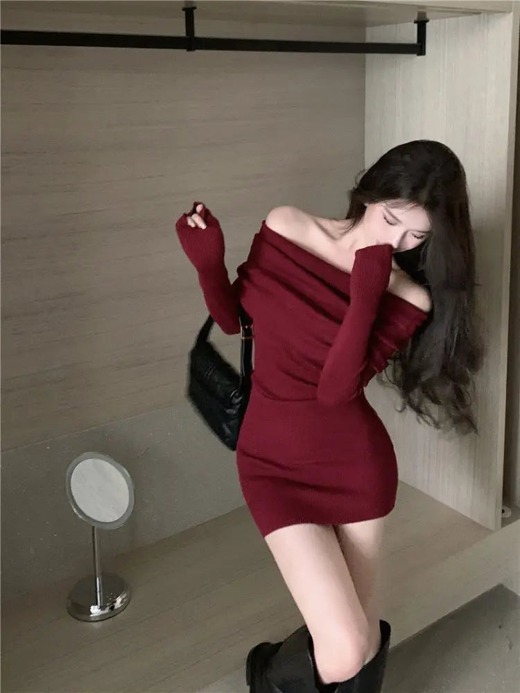 Off Shoulder Long Sleeve Sexy Sweater Dress