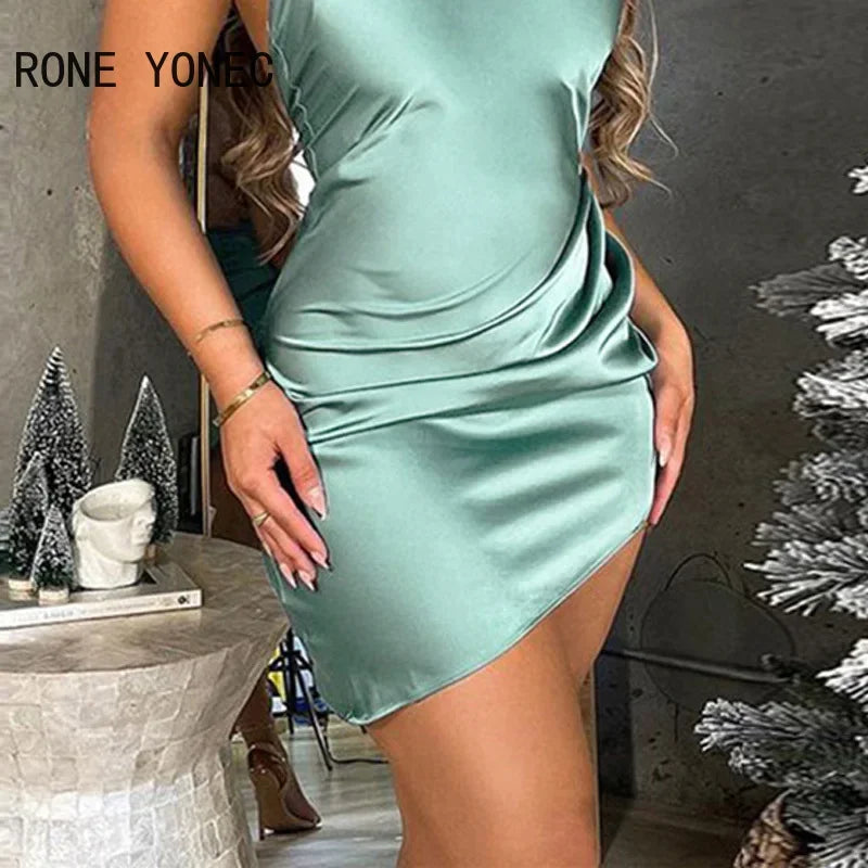 Satin Backless Turtleneck Mini  Dress